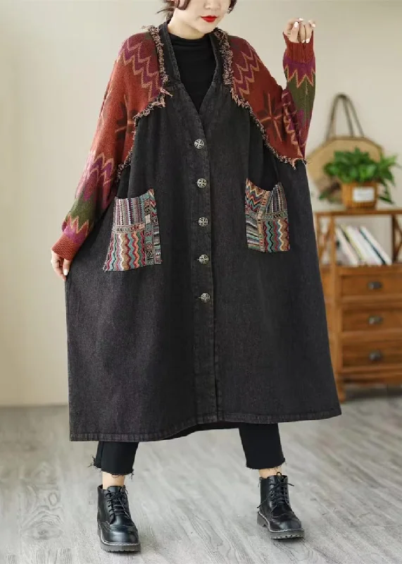 Elegant Fit Loose Black Button Knit Patchwork Denim Long Coats Long Sleeve