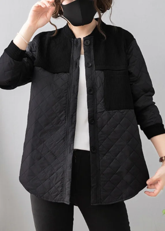 Casual Fit Loose Black Button Patchwork Thin Cotton Coat Long Sleeve