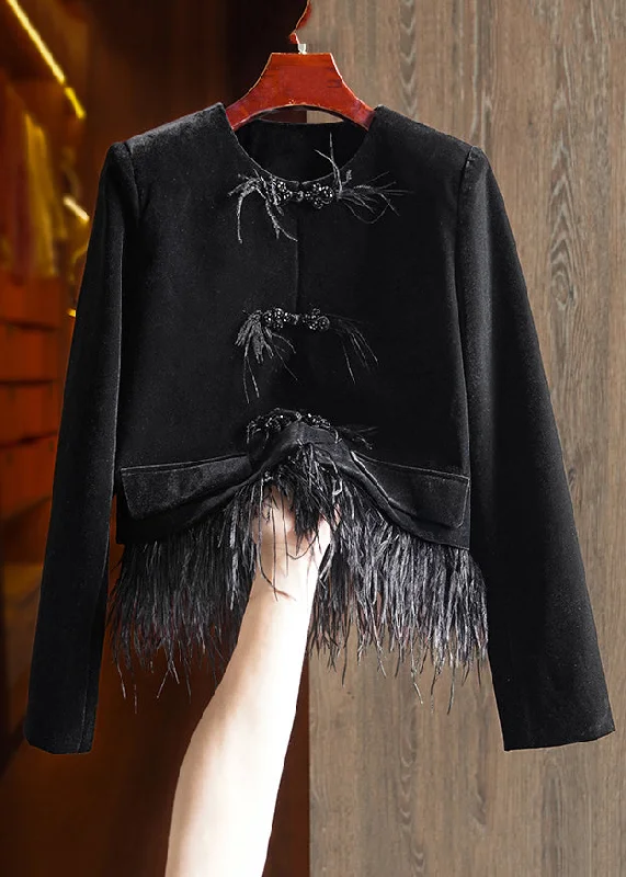 Casual Fit Wear Loose Black Button Tasseled Detachable Patchwork Velour Coats Long Sleeve