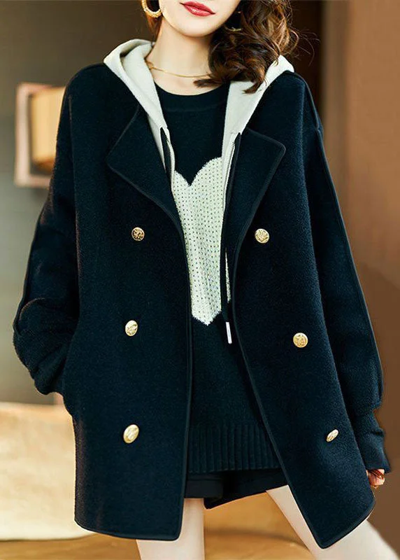 Layered Style Loose Black Drawstring Patchwork Pockets Woolen Hooded Coats Long Sleeve
