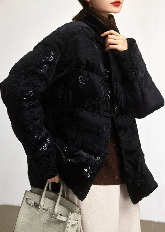 Fashion Touch Loose Black Embroideried Sequins Duck Down Coat Long Sleeve