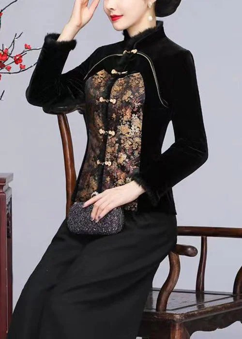 Daily Comfort Loose Black Fur Collar Patchwork Thick Silk Velour Blended Coats Winter