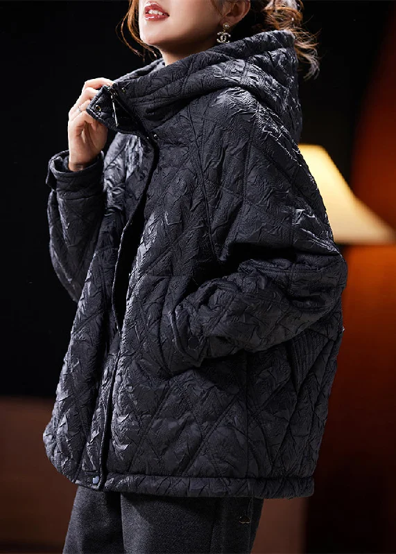 Fashion And Simplicity Loose Black Hooded Zippered Pockets Cotton Filled Coat Long Sleeve