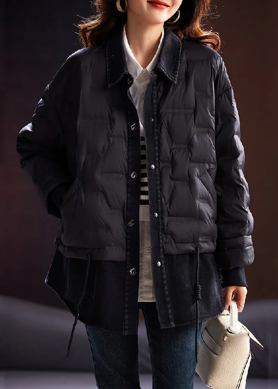 Energy Plan Loose Black Lace Up Pockets Patchwork Duck Down Coat Long Sleeve