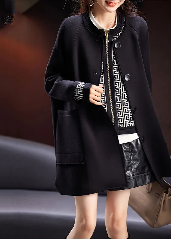 Relaxed Fit Wear Loose Black O-Neck Pockets Button Coats Long Sleeve