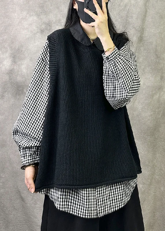 Stretch Design Loose Black O Neck Solid Cozy Knit Waistcoat Sleeveless
