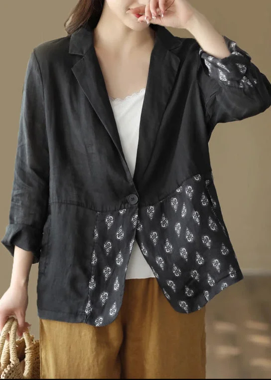 Unique Design Loose Black Peter Pan Collar Patchwork Print Ramie Coats Spring