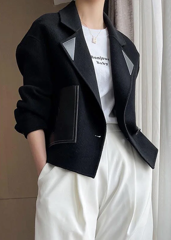 Relaxed Fits Loose Black Peter Pan Collar Patchwork Woolen Coats Fall