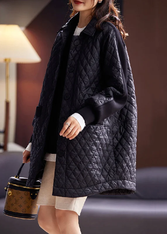 Advanced Design Loose Black Peter Pan Collar Pockets Cotton Filled Coat Spring
