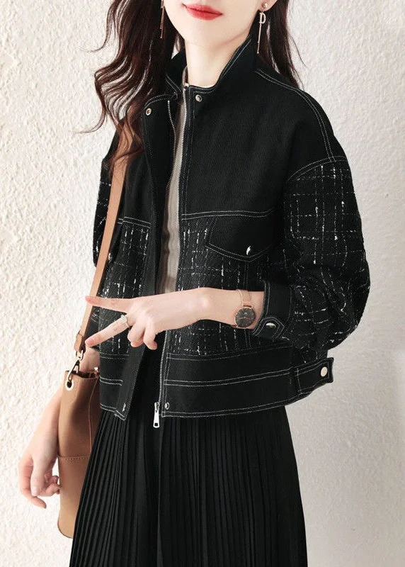 Versatile Comfort Wear Loose Black Plaid Zip Up Patchwork Denim Coat Fall