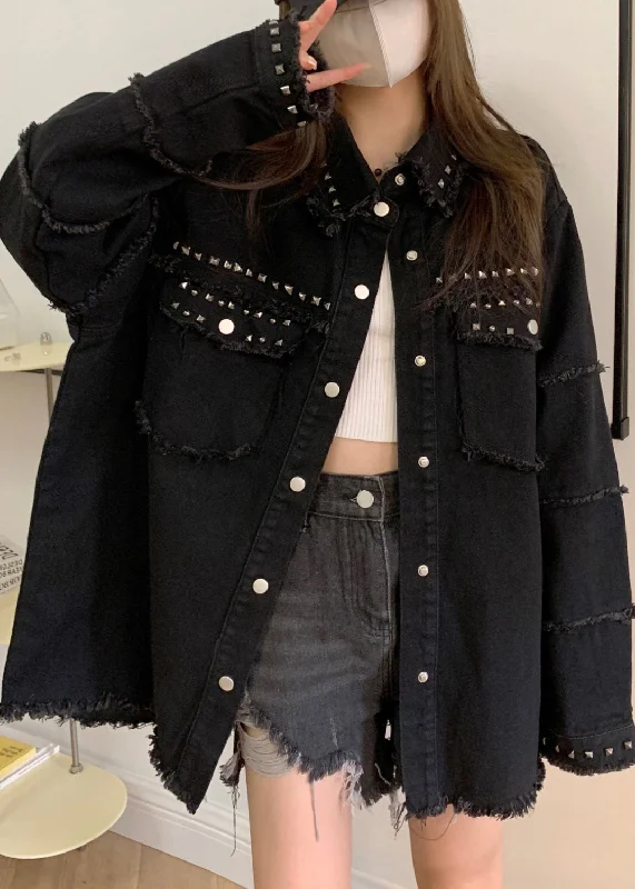 Exquisite Embroidery Loose Black Pockets Nail Bead Denim Coats Long Sleeve