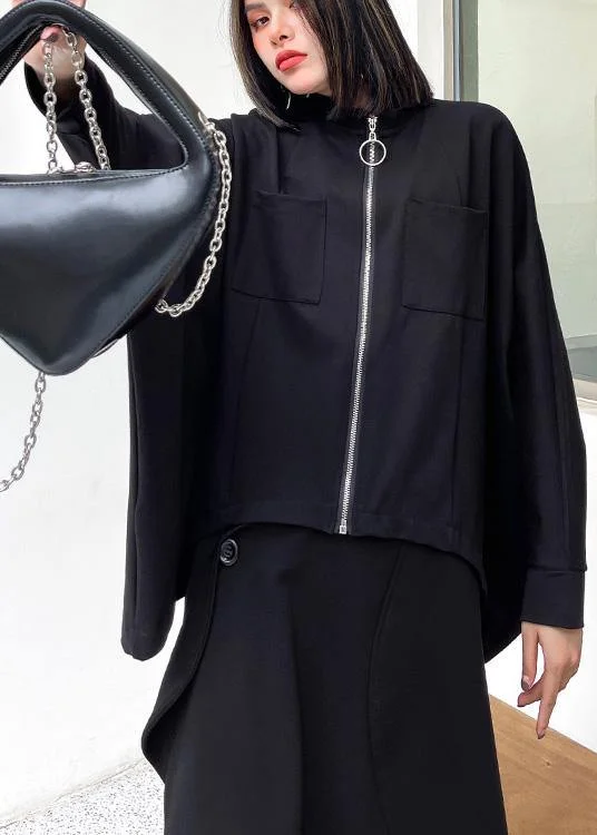 Free And Casual Loose Black Pockets Zippered Jackets Spring