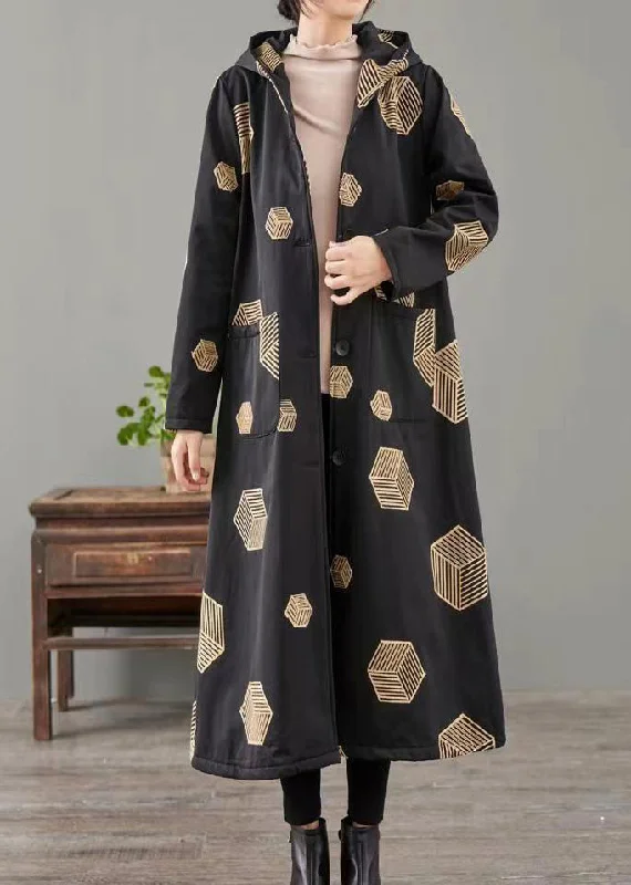Soft Comfort Wear Loose Black Print Patchwork Warm Fleece Hooded Coat Winter