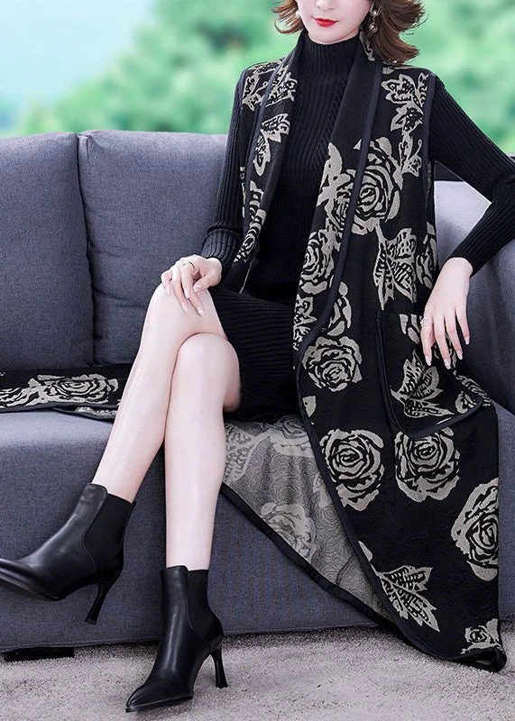 Loose Fit Loose Black Print Pockets Patchwork Cotton Long Waistcoat Sleeveless
