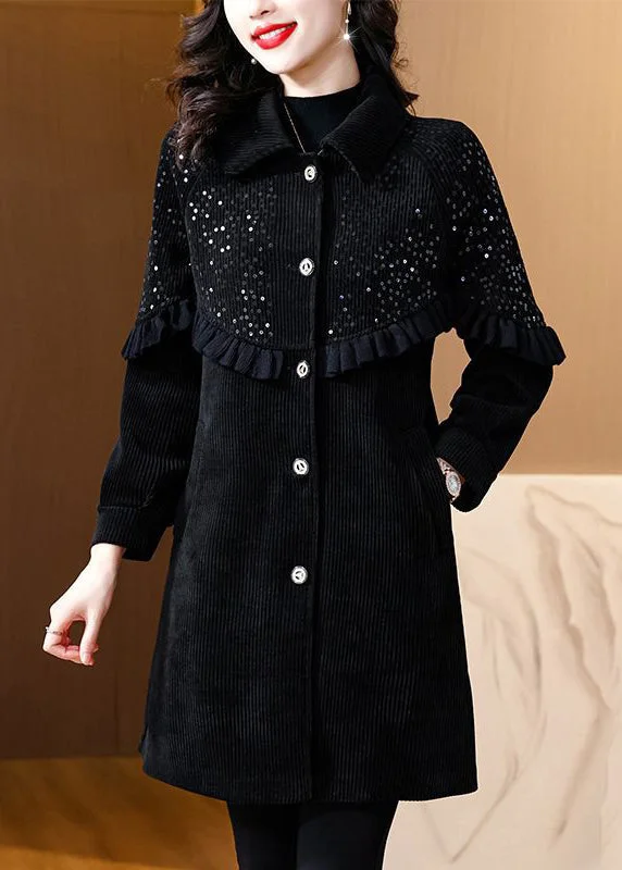 Goddess Outfit Loose Black Ruffled Sequins Patchwork Thick Coats Spring