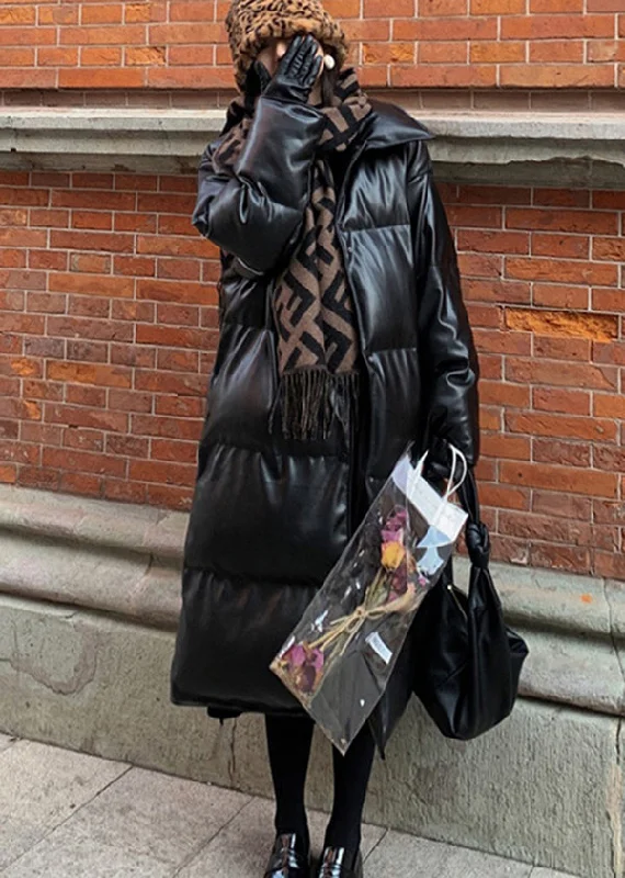 Trendy Wear Loose Black Stand Collar Faux Leather Fine Cotton Filled Winter Coats Winter