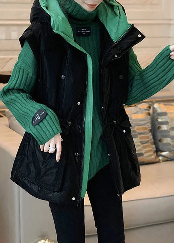 Personalized Outfit Loose Black Waistcoat And Green Sweaters Cotton Filled Two Pieces Set Sleeveless