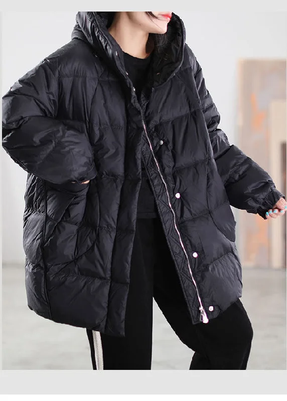 Youthful Loose Black wrinkled Pockets drawstring Duck Down Down Jacket Winter