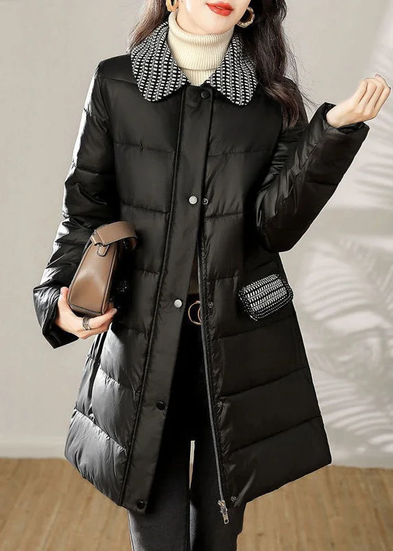 Soft Fabric Looks Loose Black Zip Up Tie Waist Patchwork Cotton Filled Coat Winter