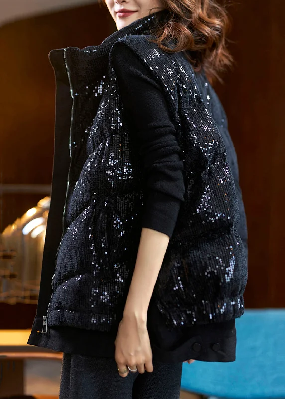 Fashion Expert Loose Black Zippered Sequins Duck Down Waistcoat Sleeveless