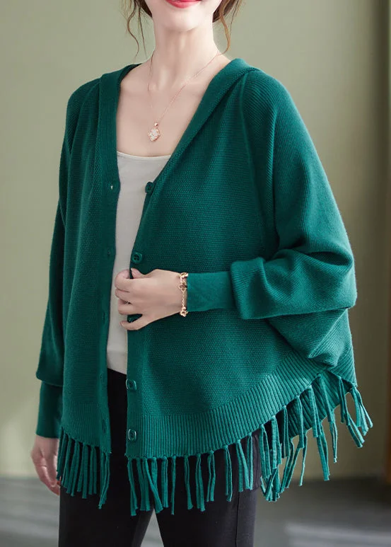 New Products Loose Blackish Green Tasseled Button Hooded Knit Coat Spring