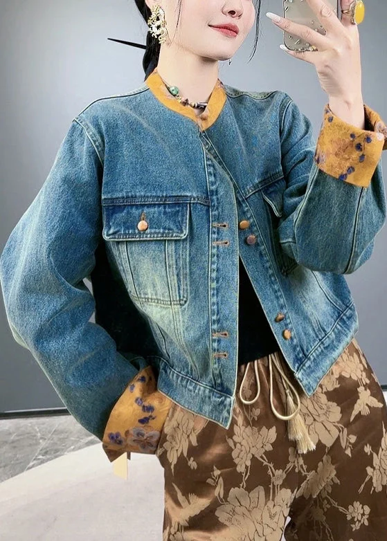 Exclusive Customization Loose Blue Button Pockets Patchwork Denim Coats Spring