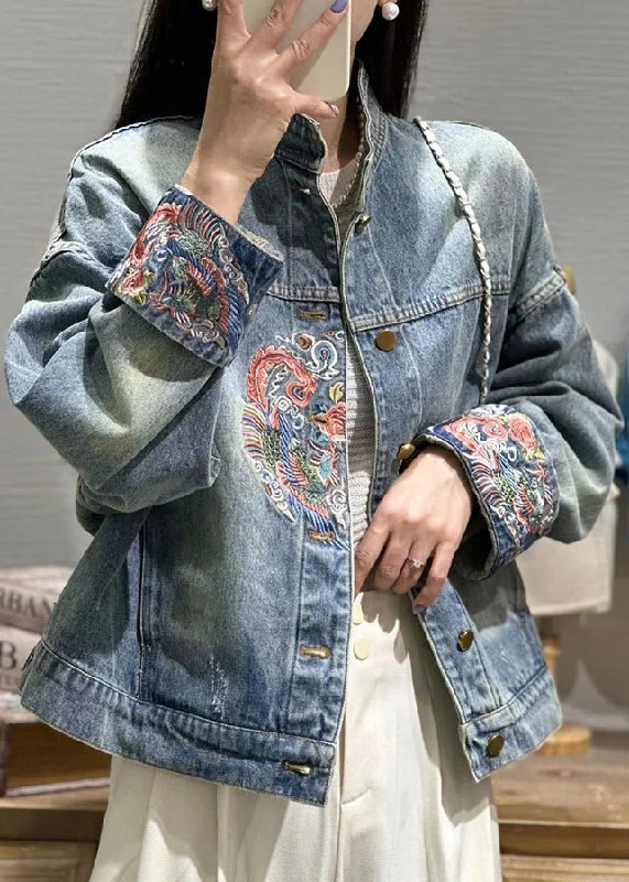Versatile Outfits Loose Blue Embroideried Button Patchwork Denim Coat Fall
