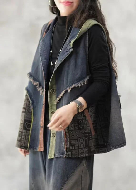 Breezy Comfort Loose Blue Hooded Button Patchwork Denim Waistcoat Sleeveless