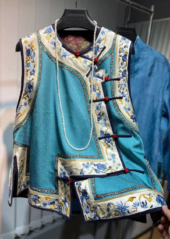 Soft Textures Loose Blue O-Neck Embroideried Floral Patchwork Silk Waistcoat Fall