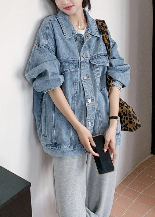 Fashionable Items Loose Blue Peter Pan Collar Button Pockets Denim Coats Spring