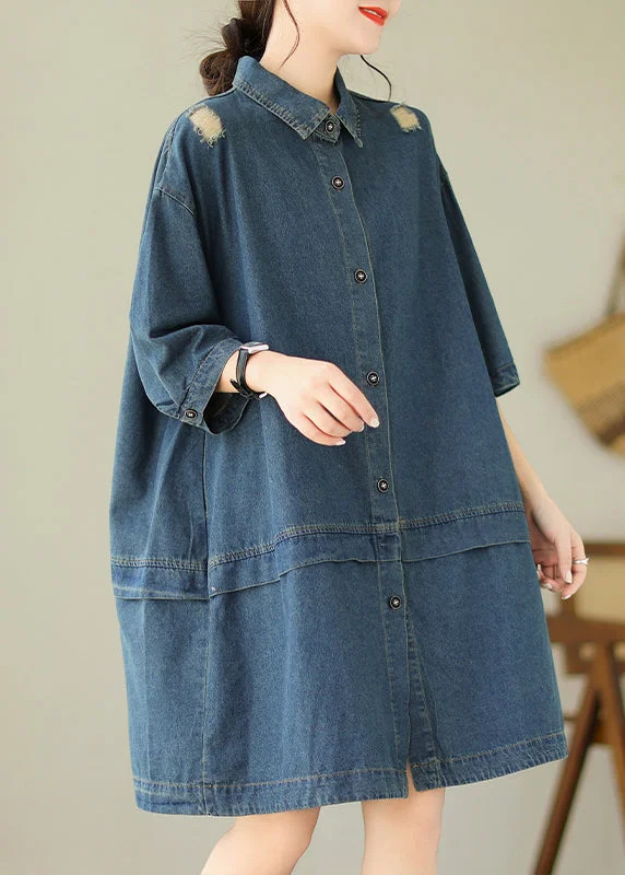Soft Touch Loose Blue Peter Pan Collar Patchwork Denim Coat Bracelet Sleeve