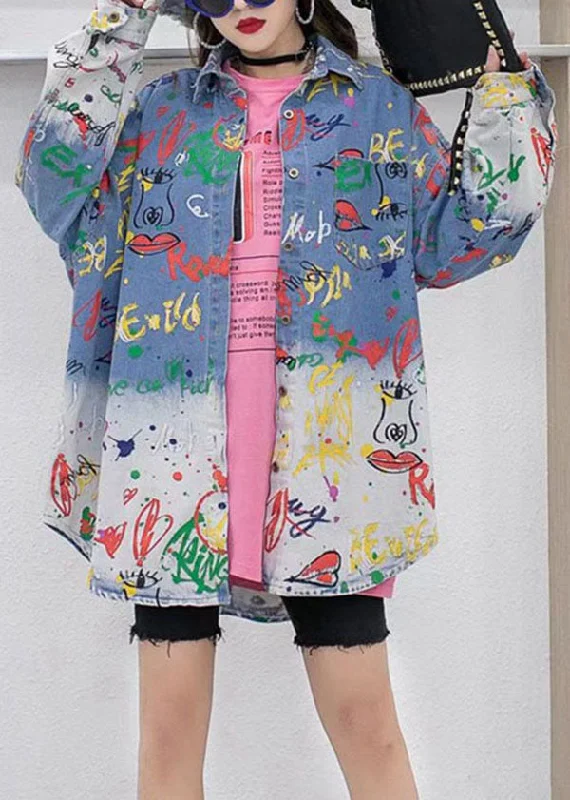 Denim Design Loose Blue Peter Pan Collar Print Patchwork Denim Coat Long Sleeve