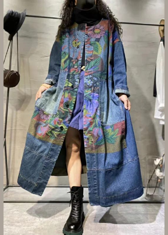 Ethnic Style Loose Blue Print Pockets Denim Long Coat Long Sleeve