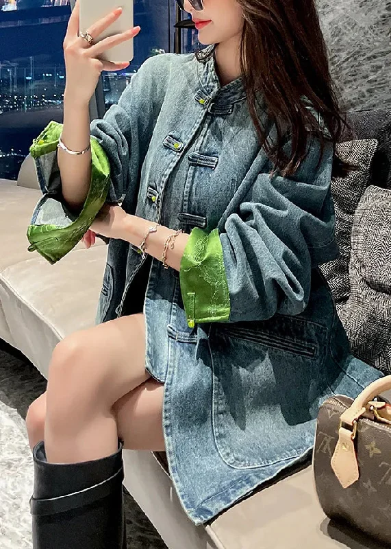 Retro Fashion Loose Blue Stand Collar Button Pockets Denim Coats Long Sleeve