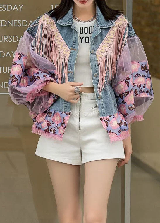 Comfortable Design Loose Blue Tasseled Embroideried Ruffled Patchwork Denim Coat Lantern Sleeve Comfortable Design Loose Blue Tasseled Embroideried Ruffled Patchwork Denim Coat Lantern Sleeve