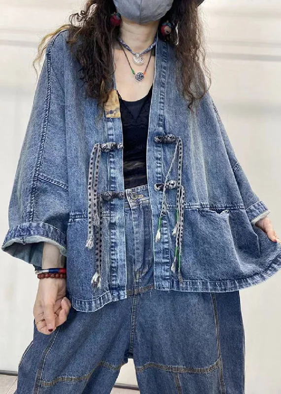 Personalized Design Loose Blue V Neck Button Patchwork Denim Coats Long Sleeve