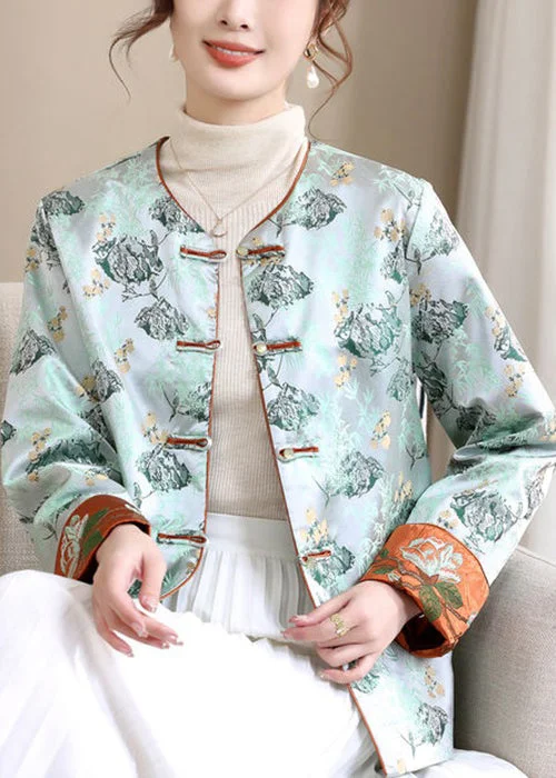 Casual And Comfortable Loose Blue V Neck Button Print Silk Coats Spring