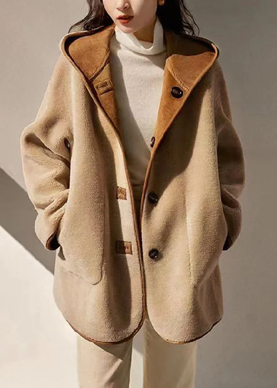 Cozy Fashion Trends Loose Camel Hooded Pockets Patchwork Wear On Both Sides Woolen Coats Winter