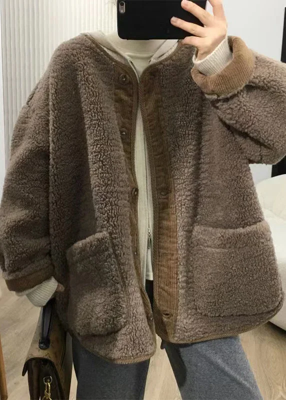 Breathable Style Loose Coffee Button Pockets Patchwork Teddy Faux Fur Coats Fall
