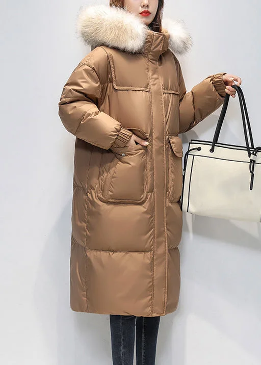 Comfortable down Loose Coffee Fur Collar Hooded Pockets Duck Down Long Coat Winter