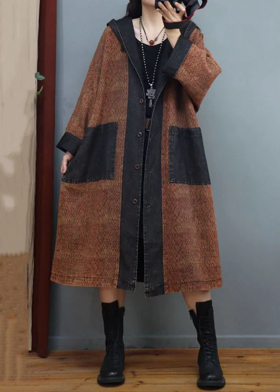 Easy Chic Wear Loose Coffee Hooded Button Denim Patchwork Long Coats Fall