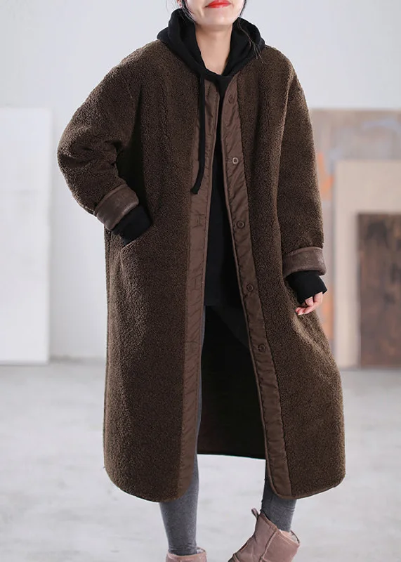 Leisure Travel Loose Chocolate O-Neck Patchwork Button Pockets Faux Fur Coats Long Sleeve Leisure Travel Loose Chocolate O-Neck Patchwork Button Pockets Faux Fur Coats Long Sleeve