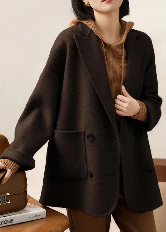 Minimal Style Loose Coffee Peter Pan Collar Pockets Patchwork Woolen Coats Winter