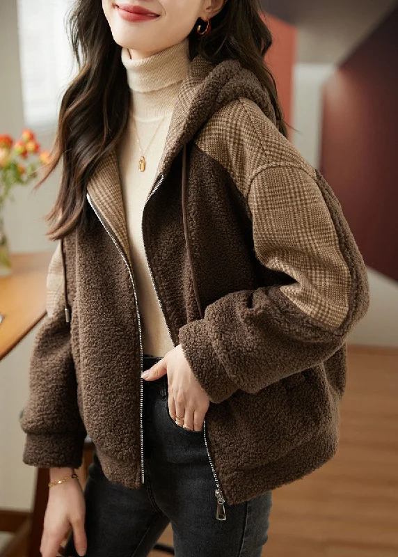 Light Layers Loose Coffee Zippered Plaid Patchwork Faux Fur Hoodie Coat Fall