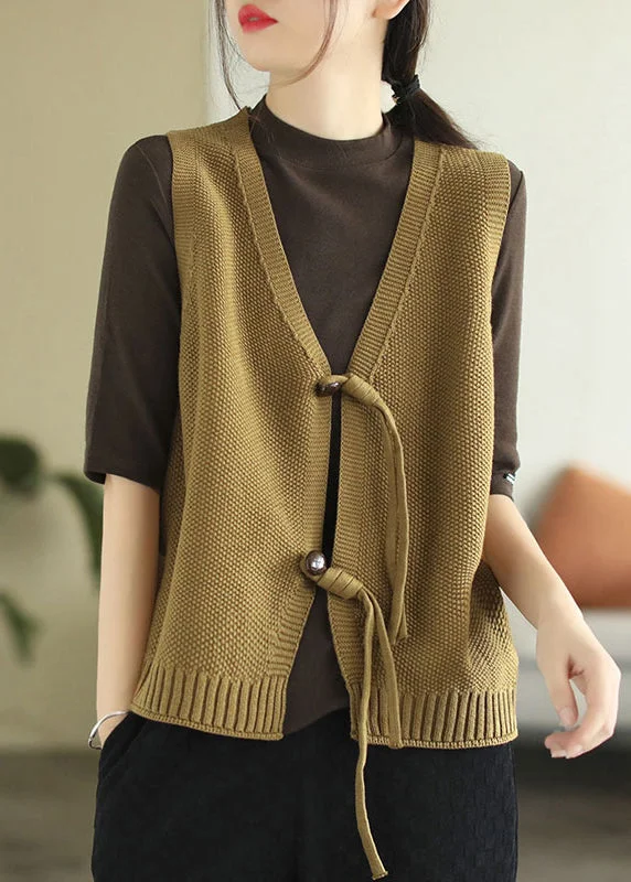 Comfy Pants Loose Dark Khaki V Neck Button Knit Waistcoat Sleeveless