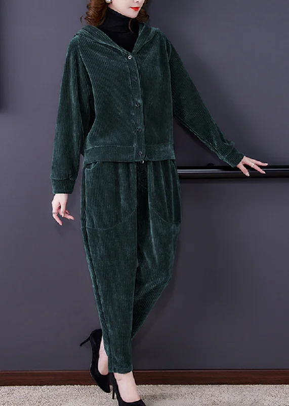 Sports Series Loose Green Button Hooded Corduroy Coats And Harem Pants Two Pieces Set Long Sleeve