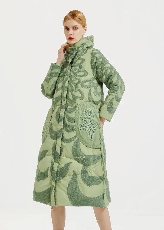Trendy Wear Loose Green Hooded Embroideried Patchwork Duck Down Long Coat Winter