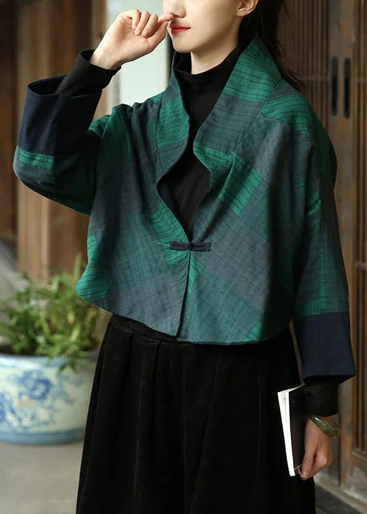 Sweet Breath Loose Green Plaid Button Patchwork Cotton Coat Fall