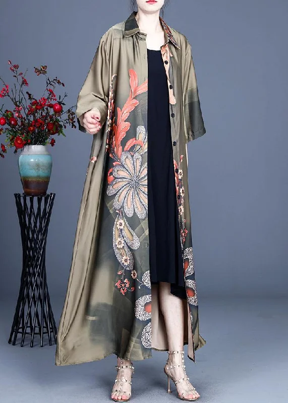 Loose Fit Loose Green Print Spring Long sleeve Long Loose Coat