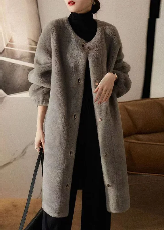 Effortless Style Loose Grey O Neck Pockets Patchwork Wool Coats Winter